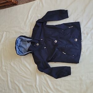 Navy Blue Mackintosh Zip Up Toggle Button Rain Coat w/ Removable Hood